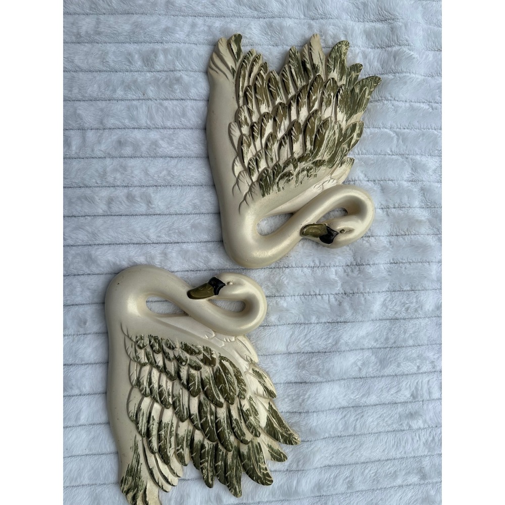 Vintage 1968 Miller Studio Chalkware Swan Wall Plaque Set Cream Green MCM 2pc